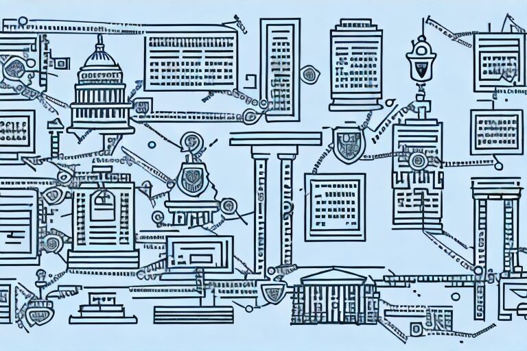 A diverse array of government buildings interconnected with tangled lines