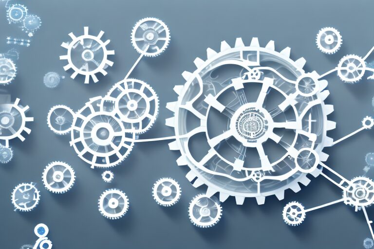 An abstract representation of interconnected gears and digital elements symbolizing the efficiency and automation of procurement processes